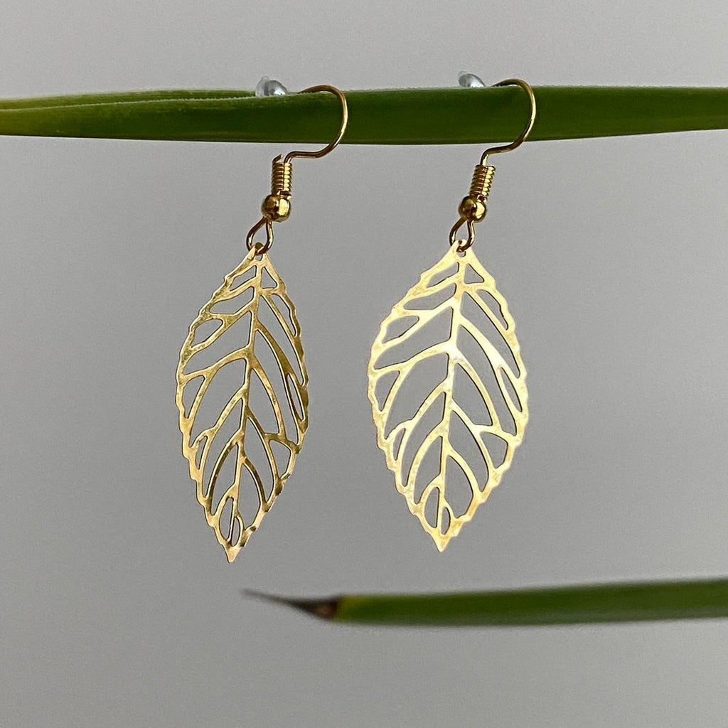 Medium Gold Leaf Dangle Earrings 3 Sizes - Image 2