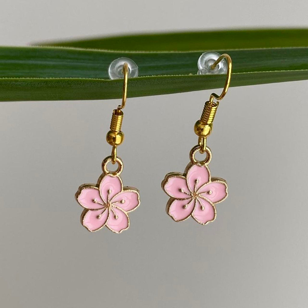 Pink Enamel Tropical Hibiscus Flower Dangle Earrings