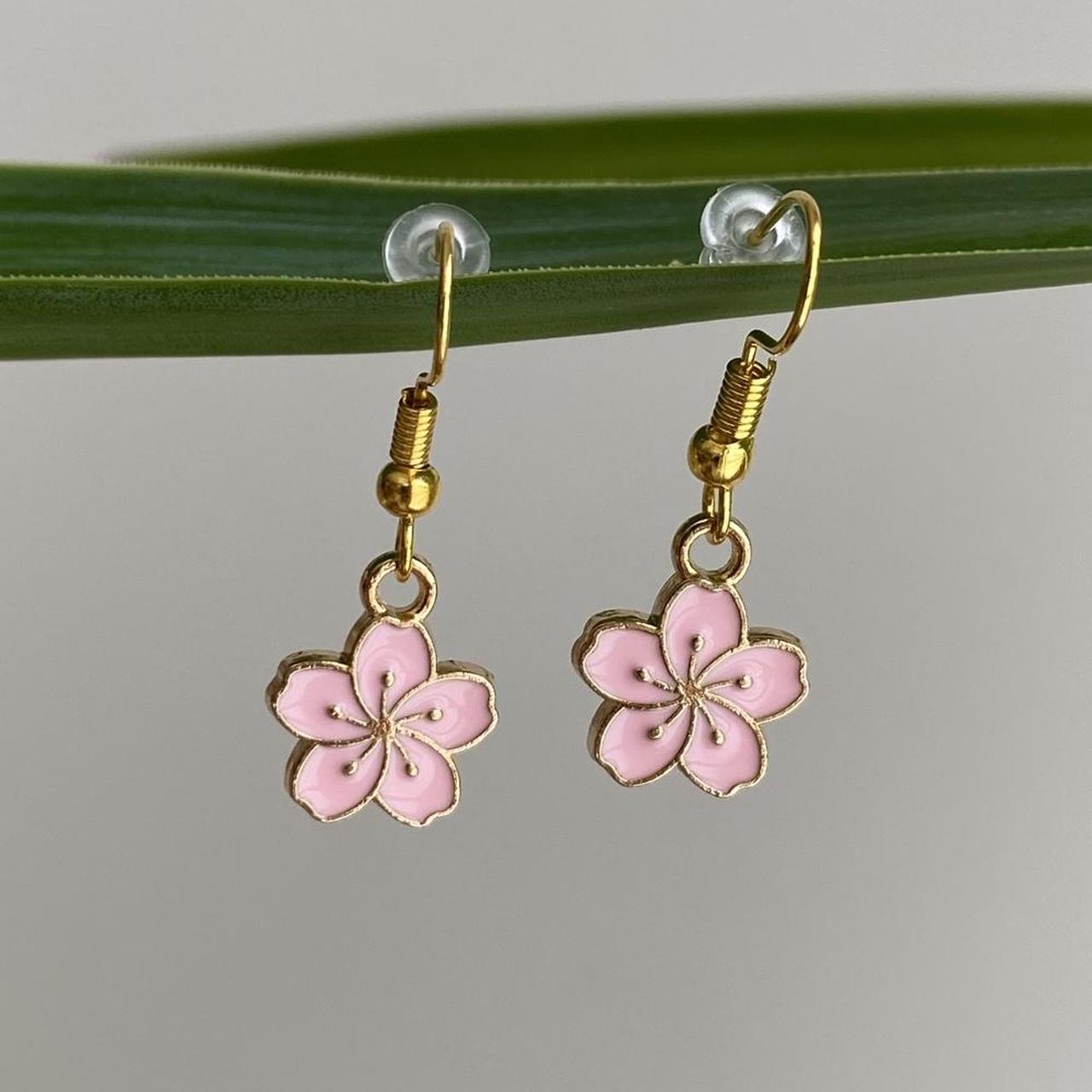 Pink Enamel Tropical Hibiscus Flower Dangle Earrings