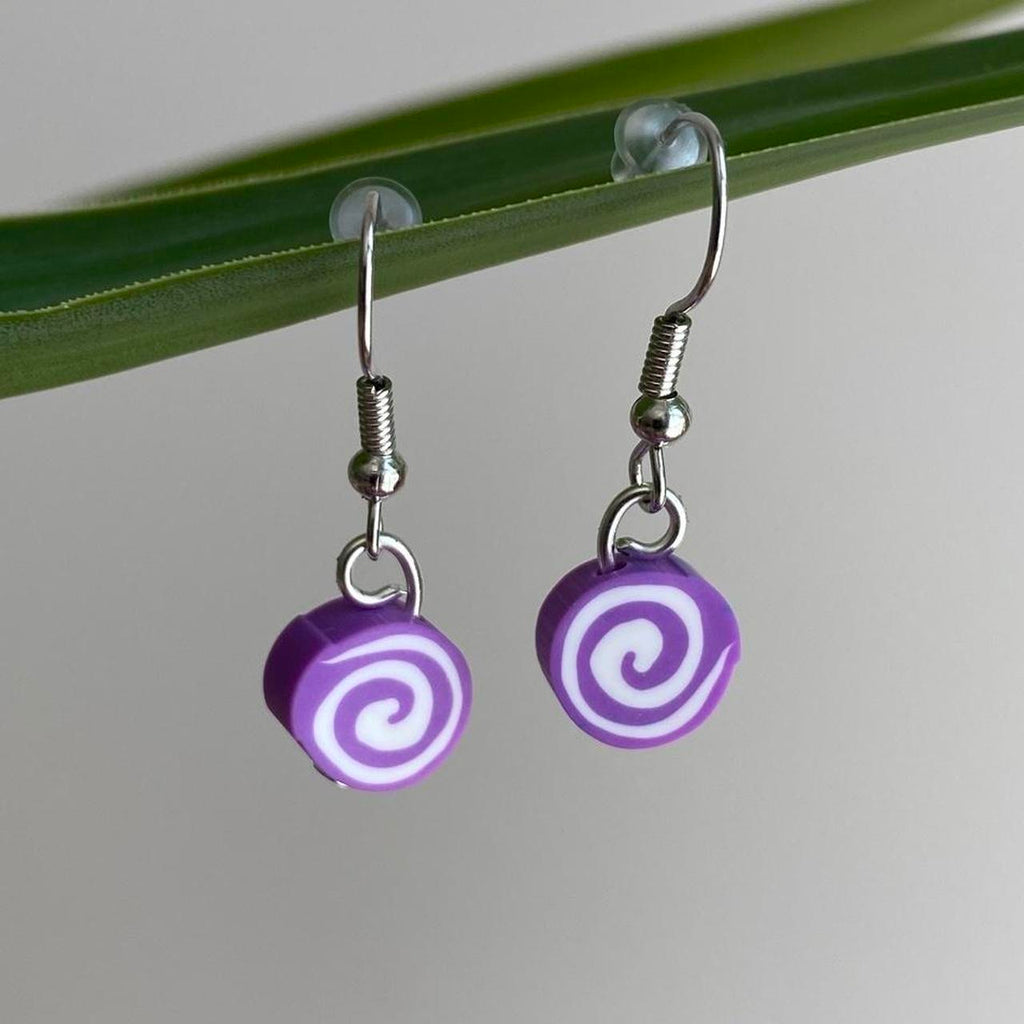 Purple Swirl Candy Disc Polymer Clay Dangle Earrings