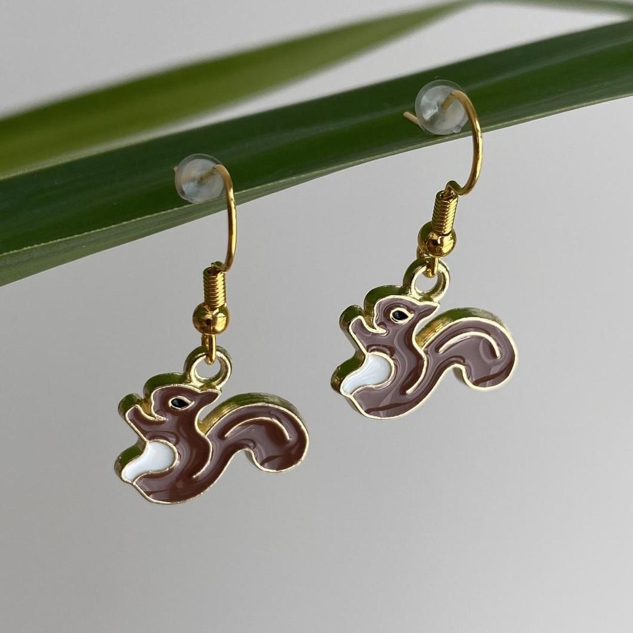 Brown Squirrel Enamel Dangle Earrings With Gold - Image 4