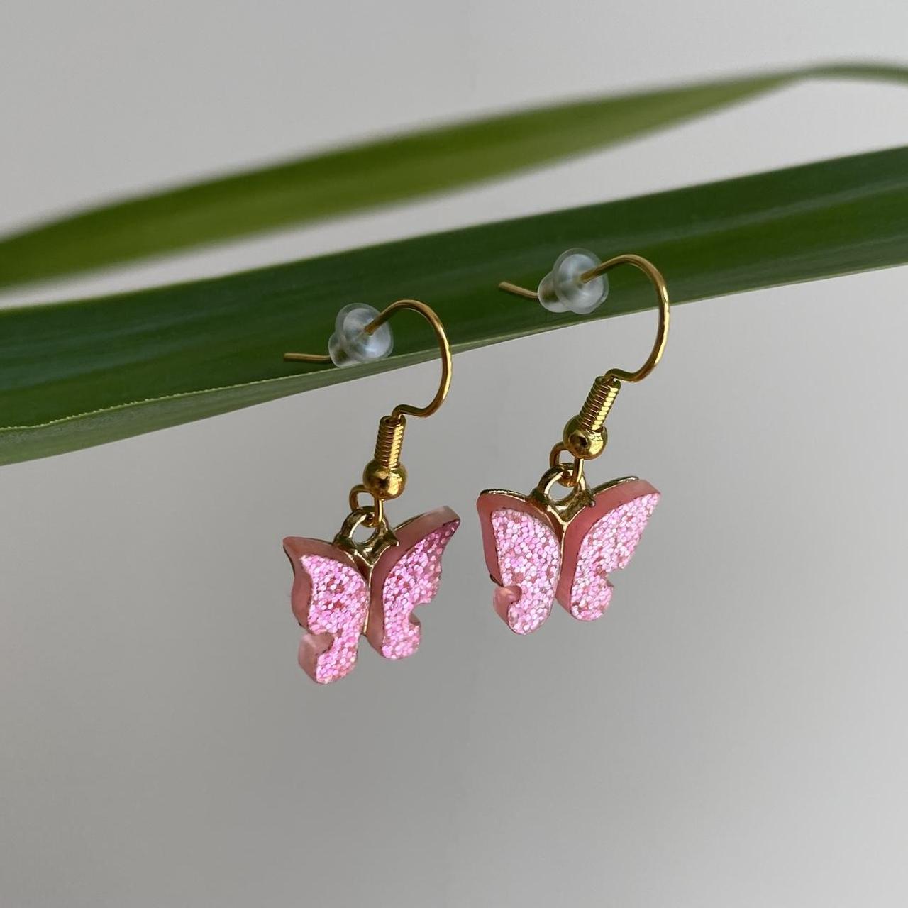 Light Pink Sparkle Butterfly Dangle Earrings With - Image 2