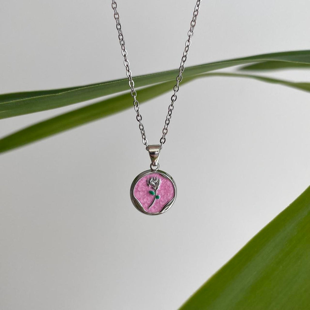 Pink Enamel Rose In Circle Pendant Chain Necklace - Image 2
