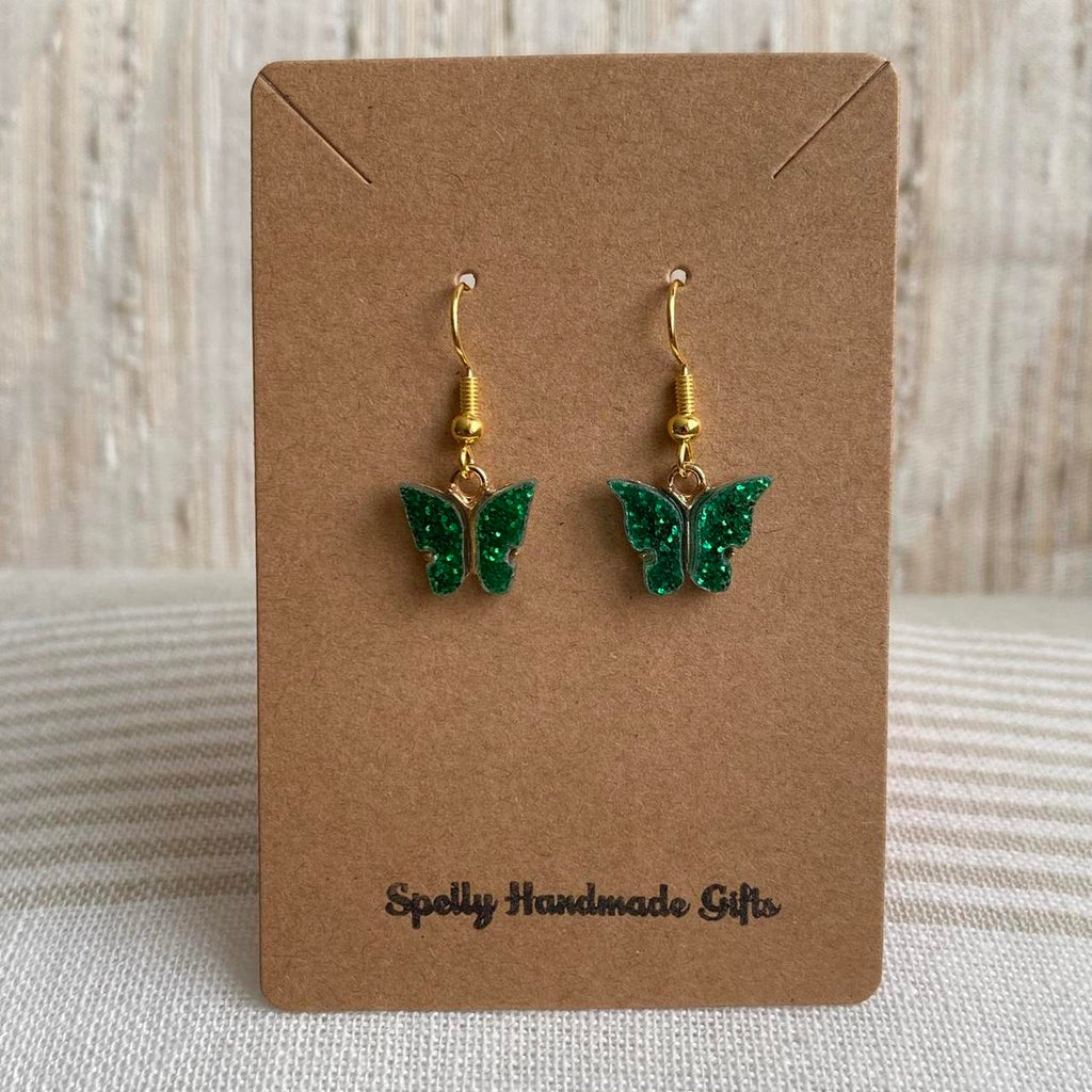 Green Sparkle Butterfly Dangle Earrings With Gold - Image 4