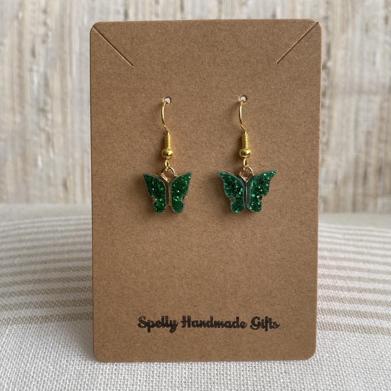 Green Sparkle Butterfly Dangle Earrings With Gold - Image 4