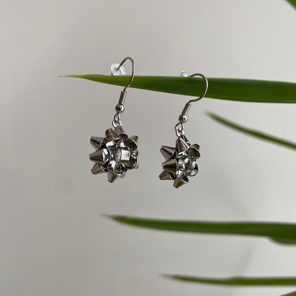 Cute Metallic Silver Gift Bow Dangle Earrings - Image 3