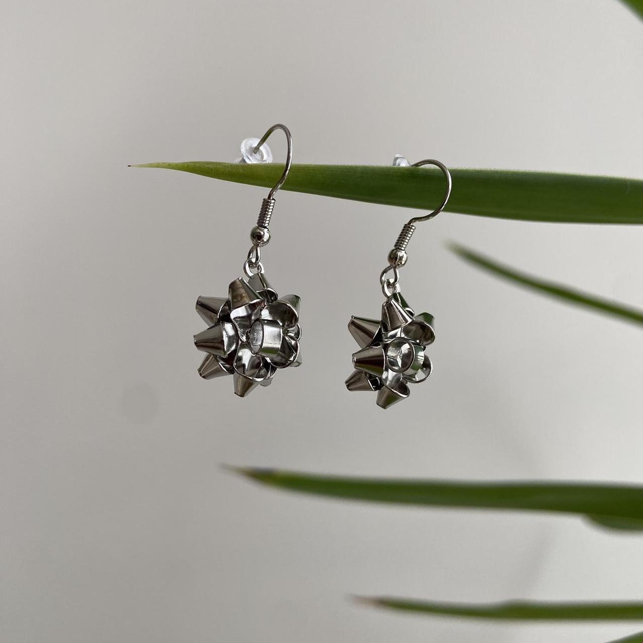 Cute Metallic Silver Gift Bow Dangle Earrings - Image 3