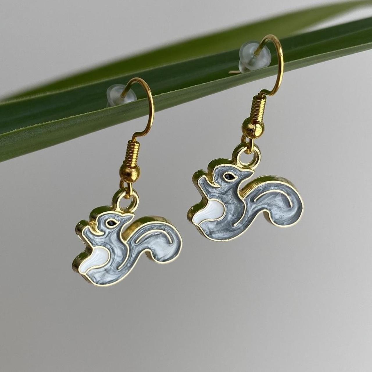 Grey Squirrel Enamel Dangle Earrings With Gold