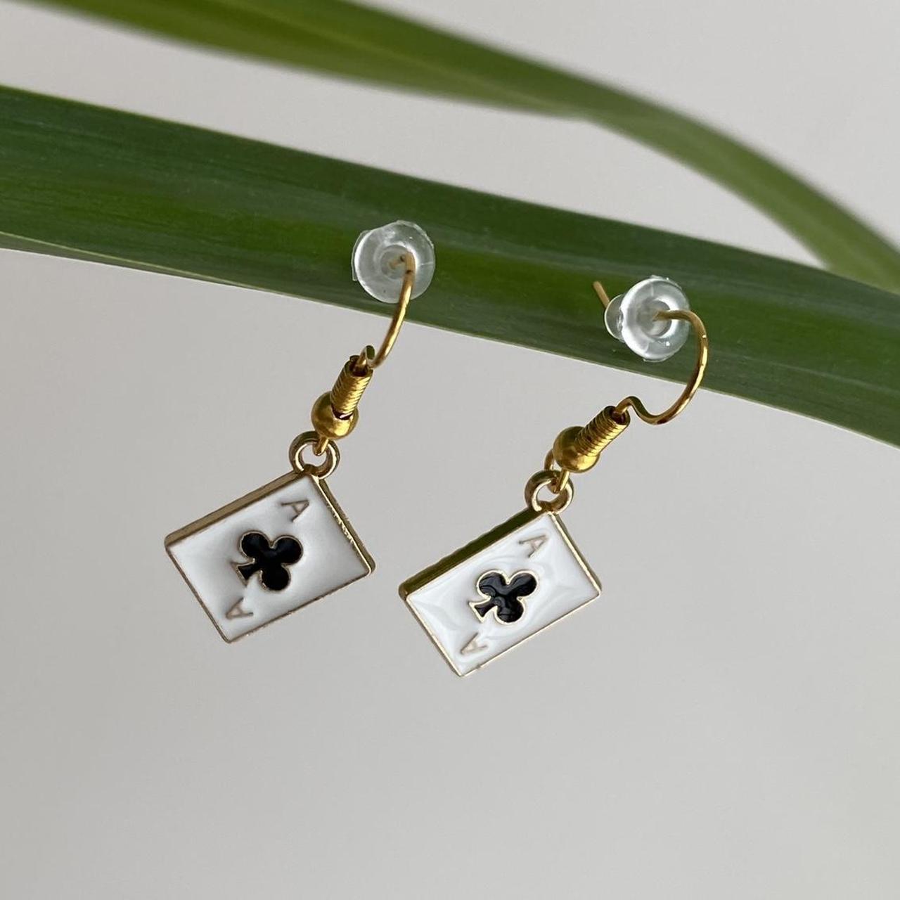 Ace Of Clubs Poker Card Dangle Earrings With Gold - Image 2