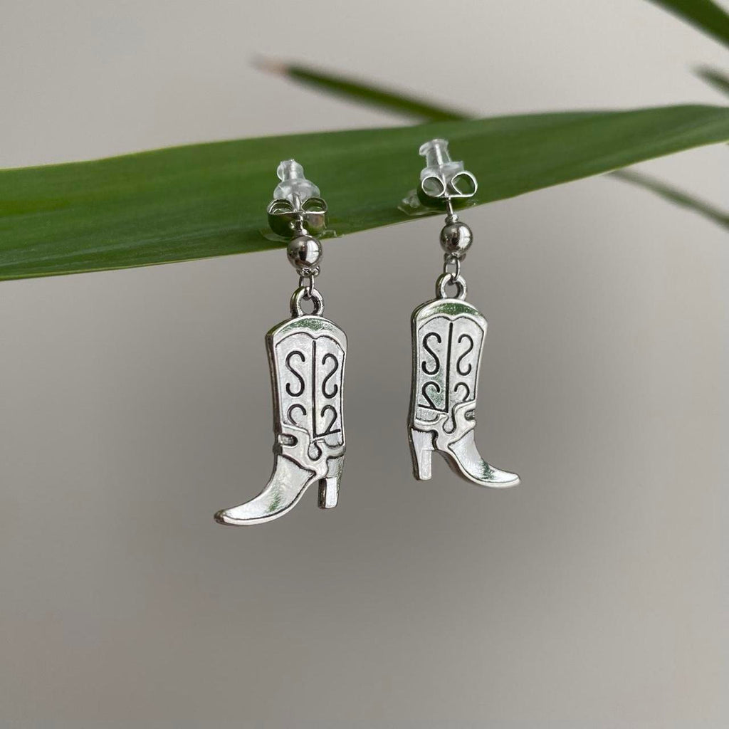 Silver Western Cowgirl Boots Dangle Stud Earrings