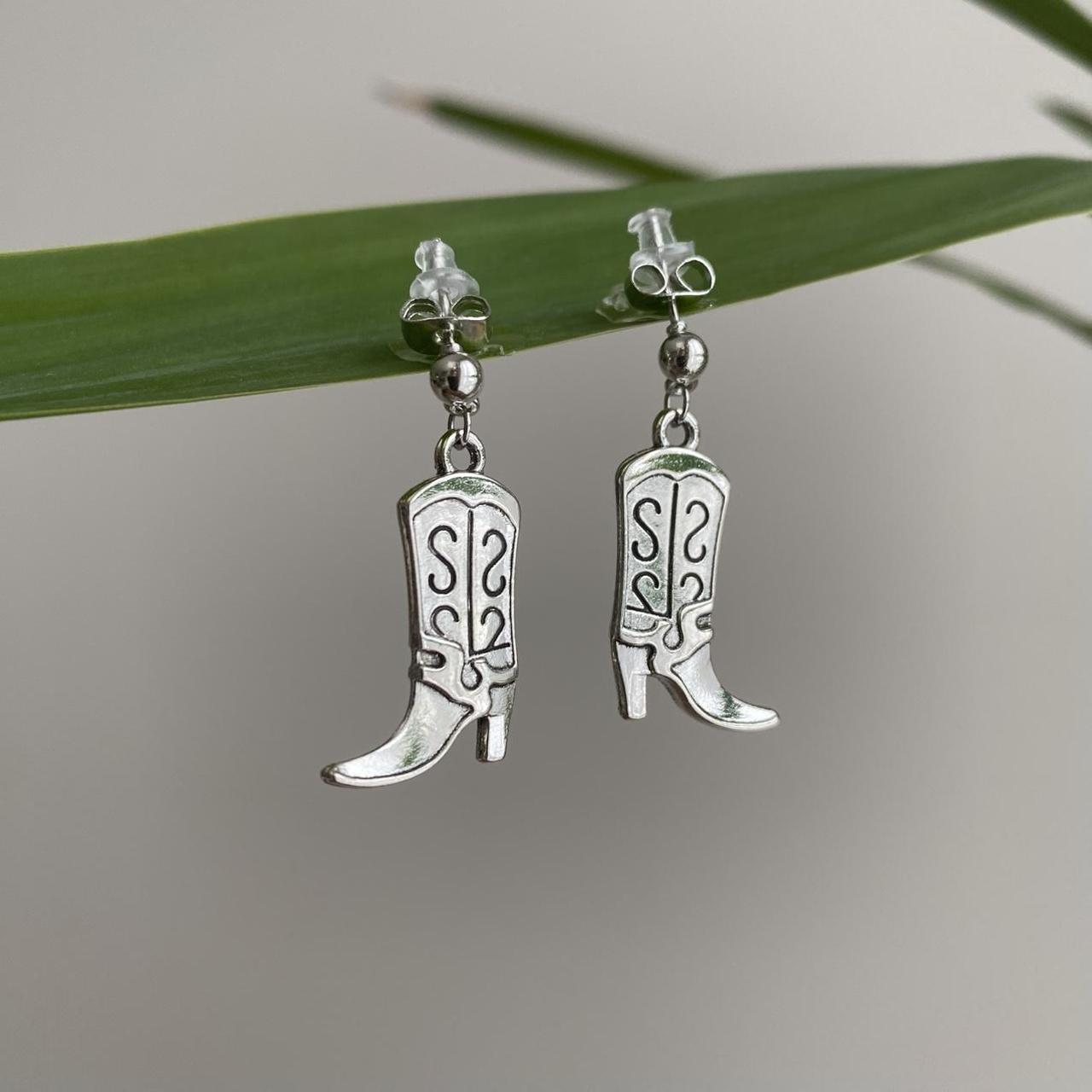 Silver Western Cowgirl Boots Dangle Stud Earrings