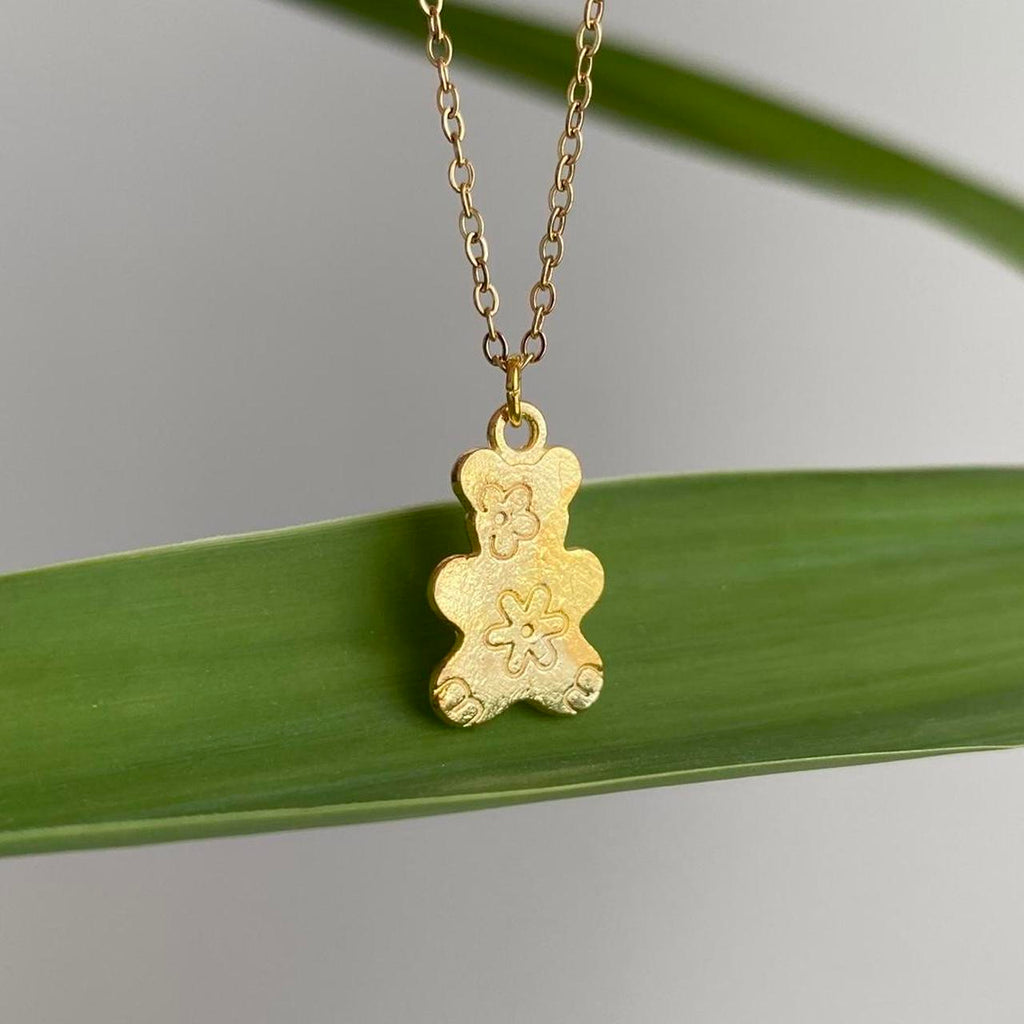 Gold Flower Power Teddy Bear Pendant Chain Necklace