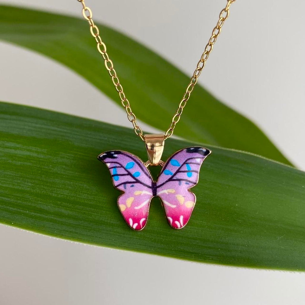 Pink And Purple Ombr Butterfly Enamel Pendant Chain - Image 2