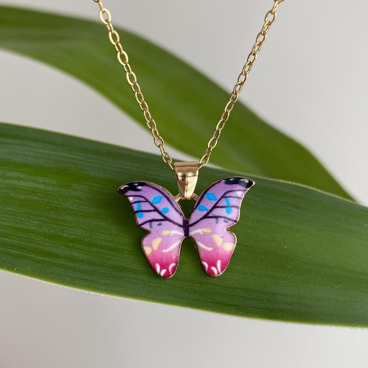 Pink And Purple Ombr Butterfly Enamel Pendant Chain - Image 2