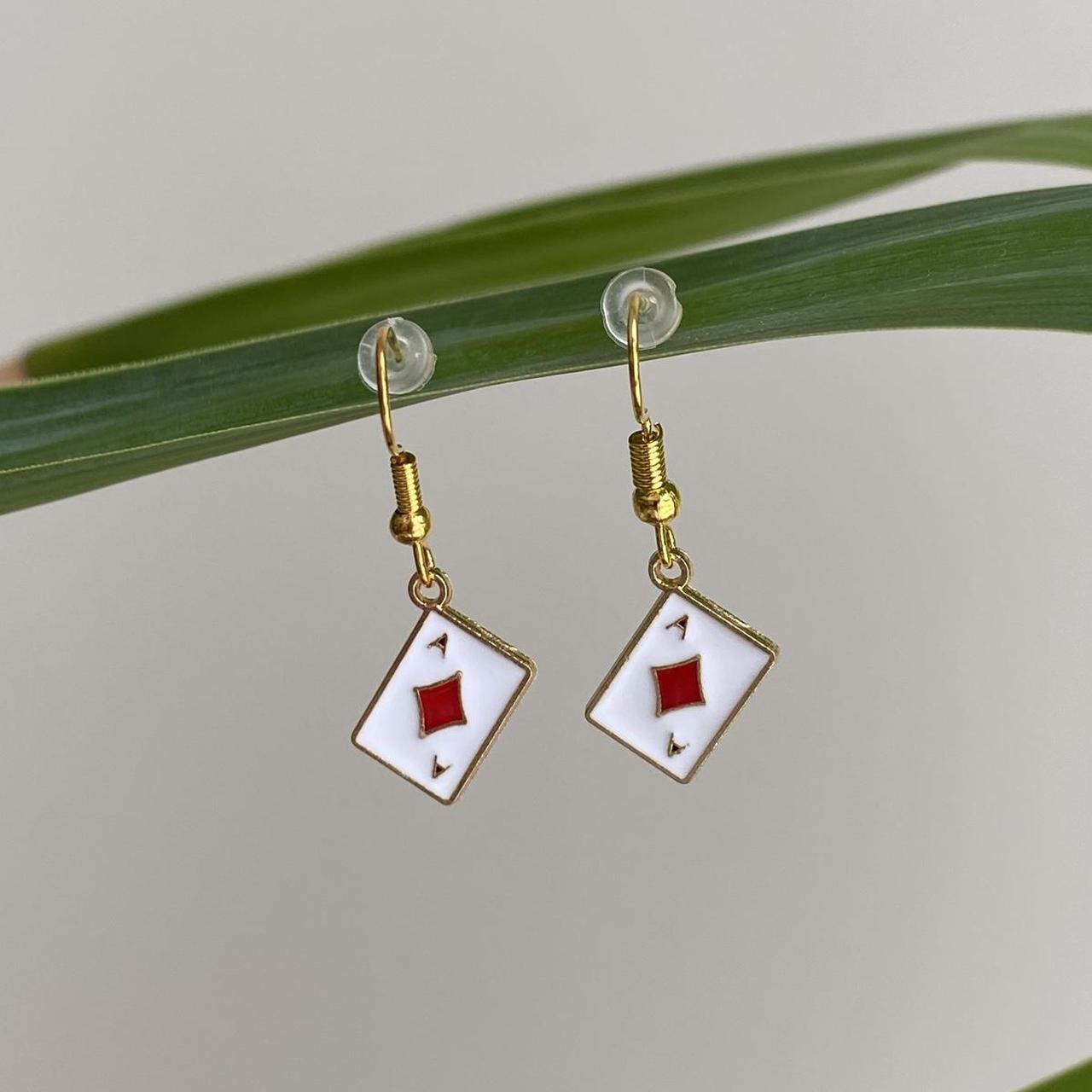 Ace Of Diamonds Poker Card Dangle Earrings With Gold - Image 3