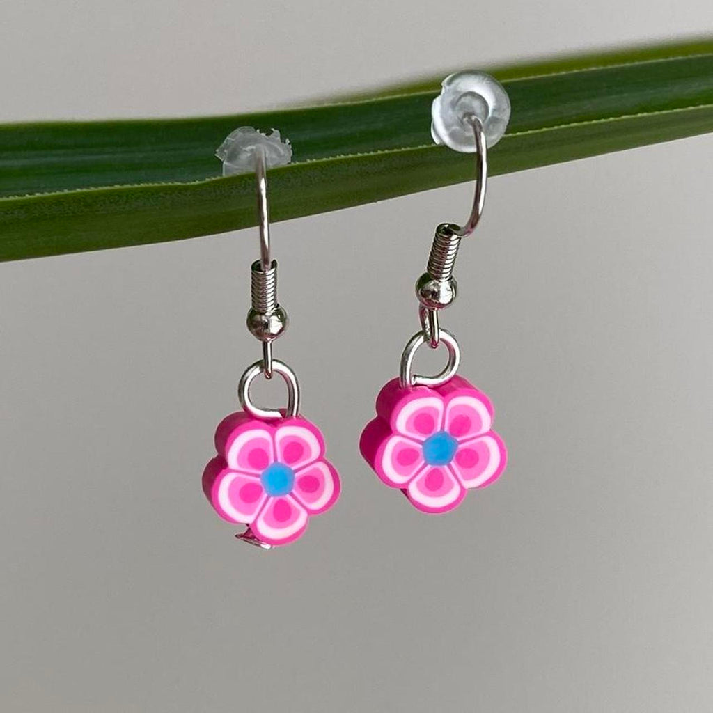 Pink Tropical Flower Polymer Clay Dangle Earrings