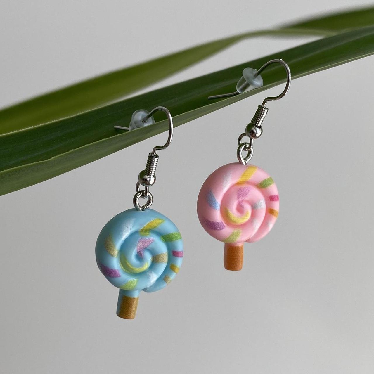 Blue And Pink Swirly Lollipop Dangle Earrings With - Image 3