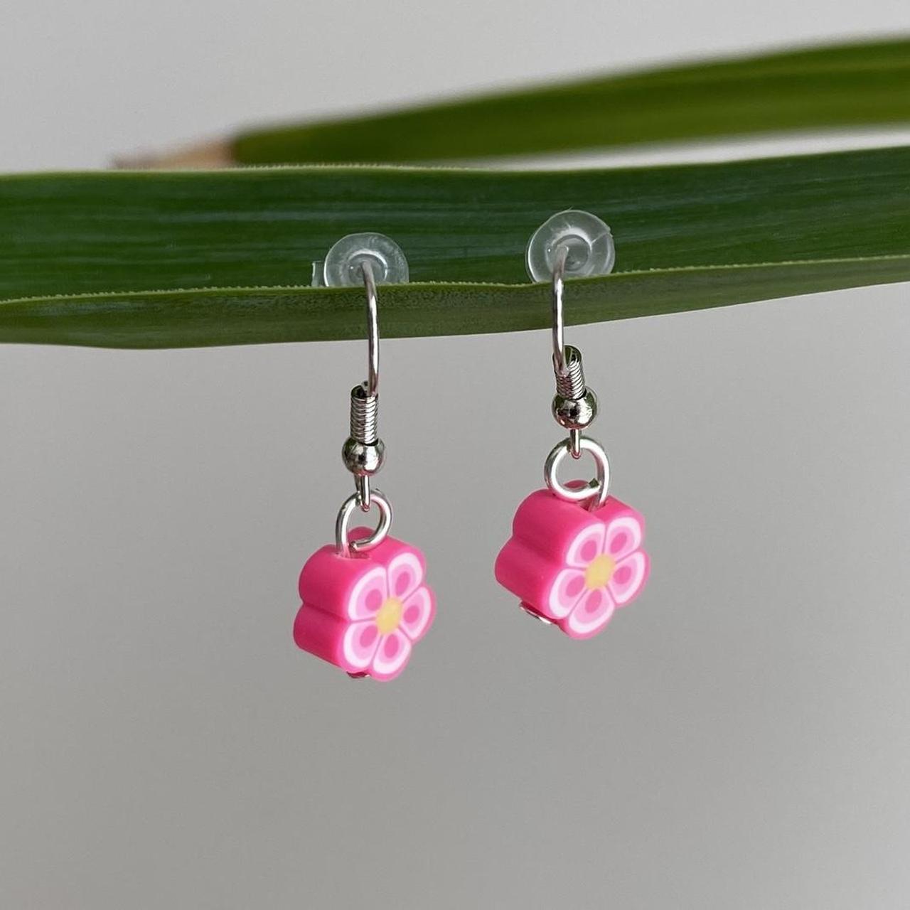 Bright Pink Tropical Flower Polymer Clay Dangle - Image 2