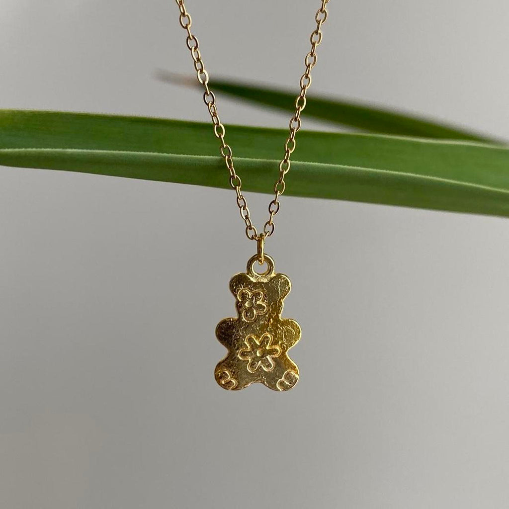 Gold Flower Power Teddy Bear Pendant Chain Necklace - Image 2