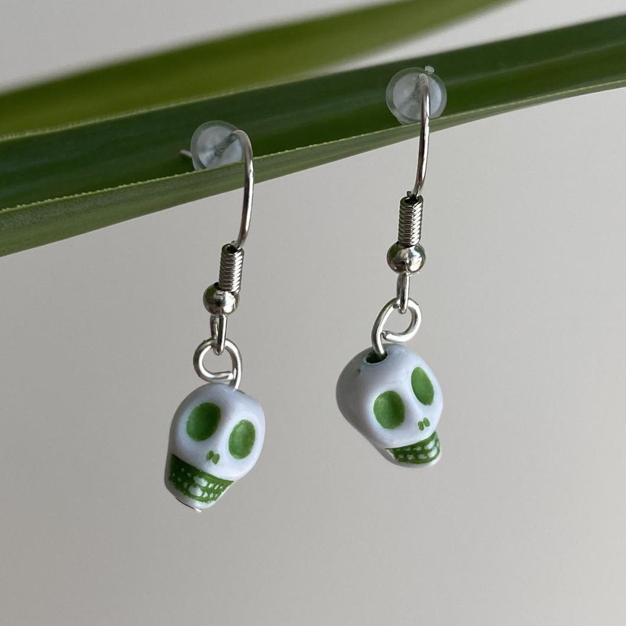 Cinco De Mayo White And Green Skull Dangle Earrings