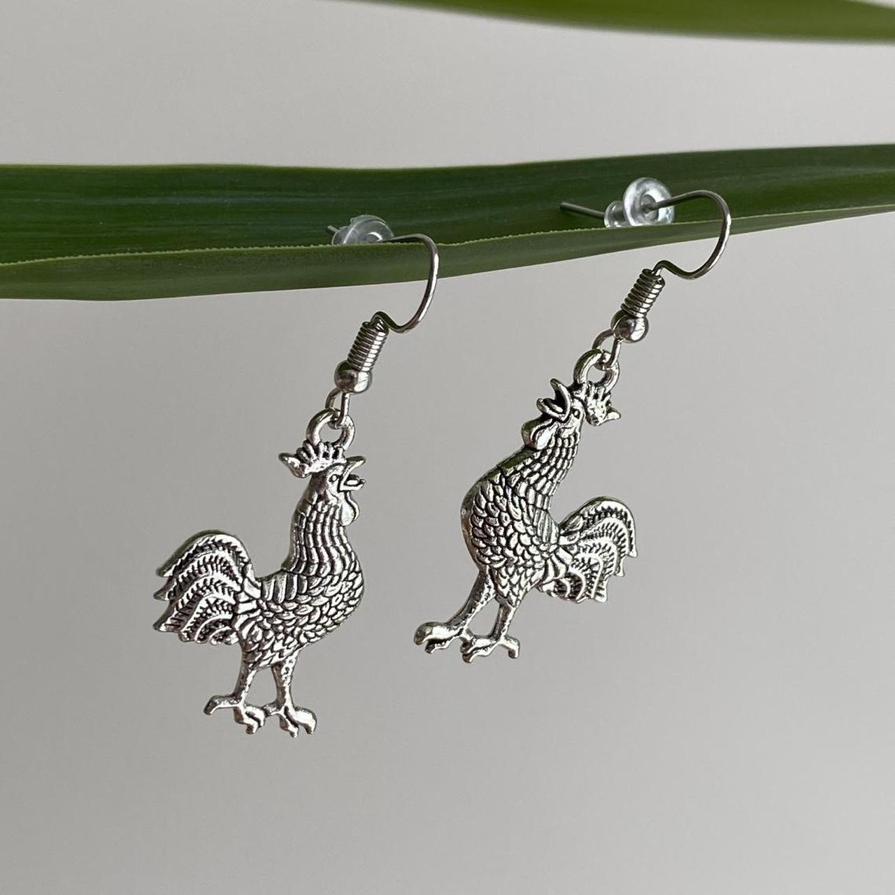 Silver Rooster Dangle Earrings Hand Made Pendant - Image 2