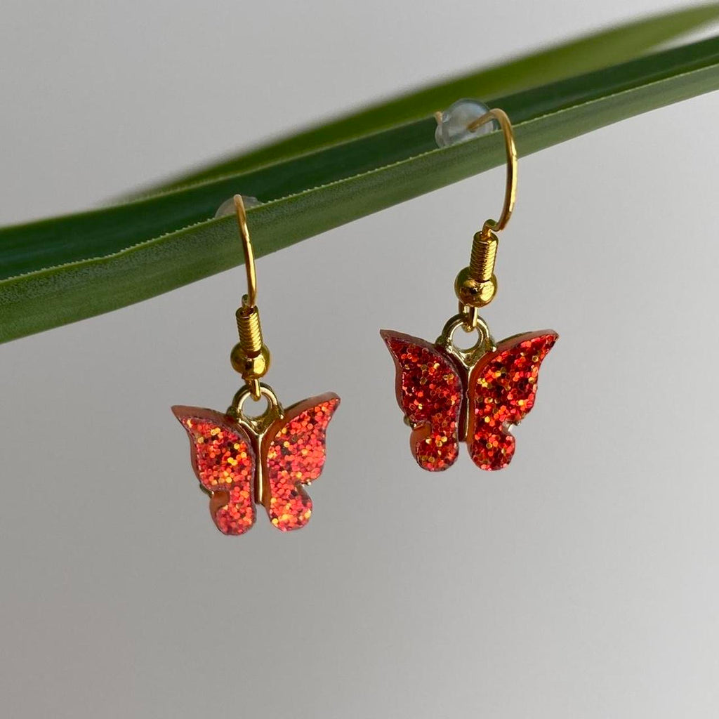 Orange Sparkle Butterfly Dangle Earrings With Gold - Image 2