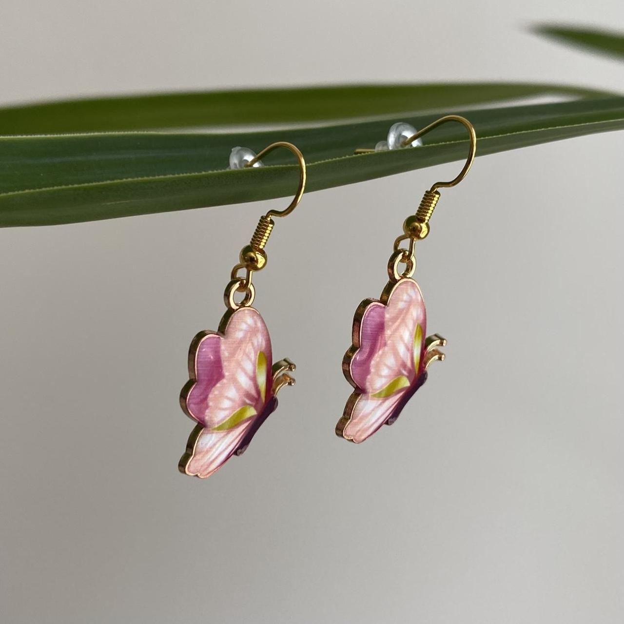Light Pink Butterfly Enamel Dangle Earrings With - Image 2
