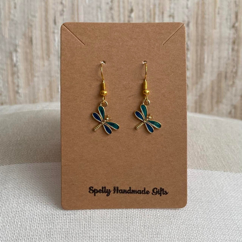 Blue And Green Dragon Fly Dangle Earrings With Gold - Image 2