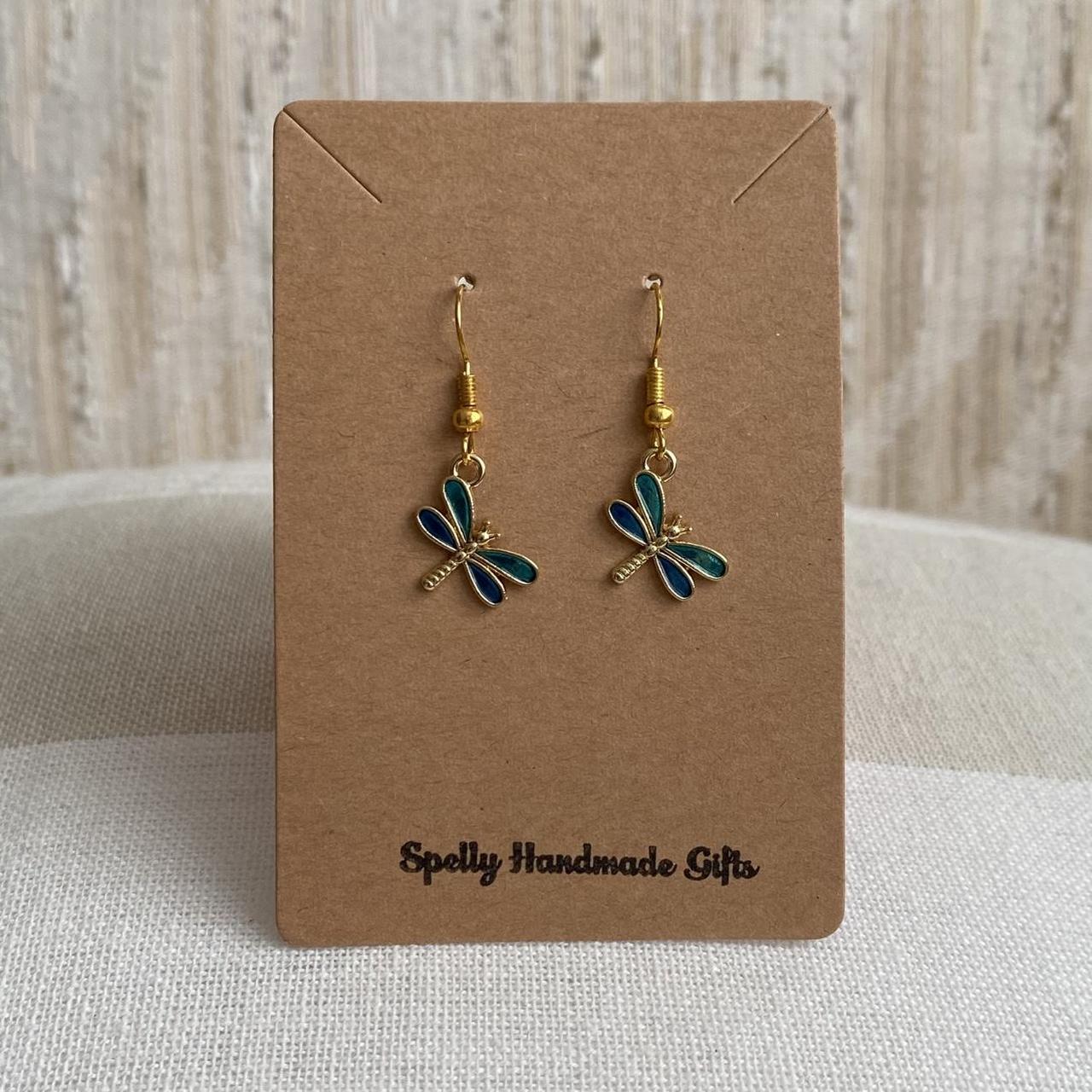 Blue And Green Dragon Fly Dangle Earrings With Gold - Image 2