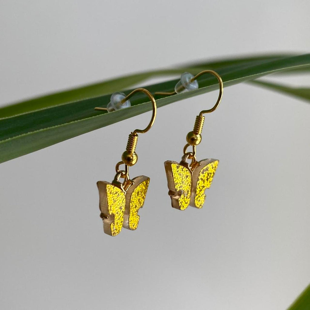 Yellow Sparkle Butterfly Dangle Earrings With Gold - Image 2