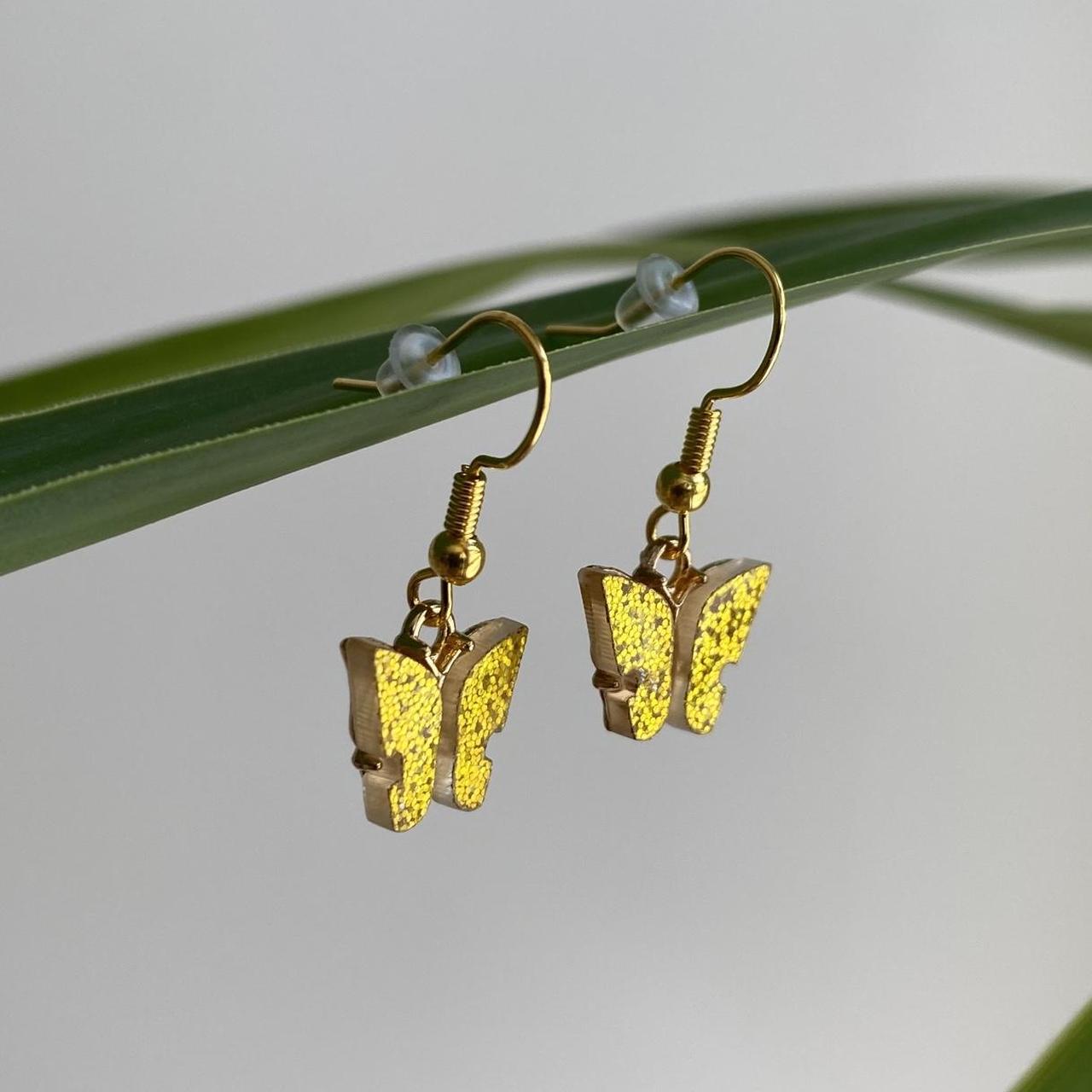 Yellow Sparkle Butterfly Dangle Earrings With Gold - Image 2