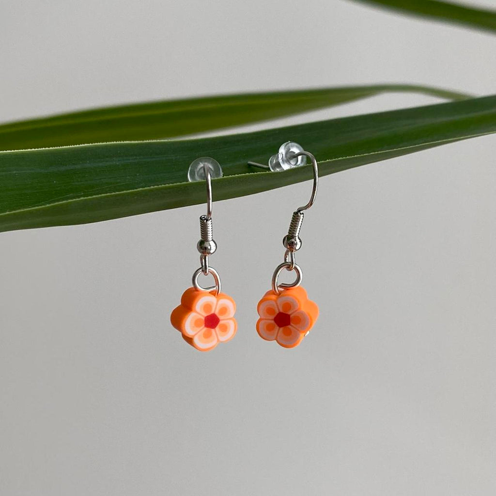 Orange Tropical Flower Polymer Clay Dangle Earrings - Image 3