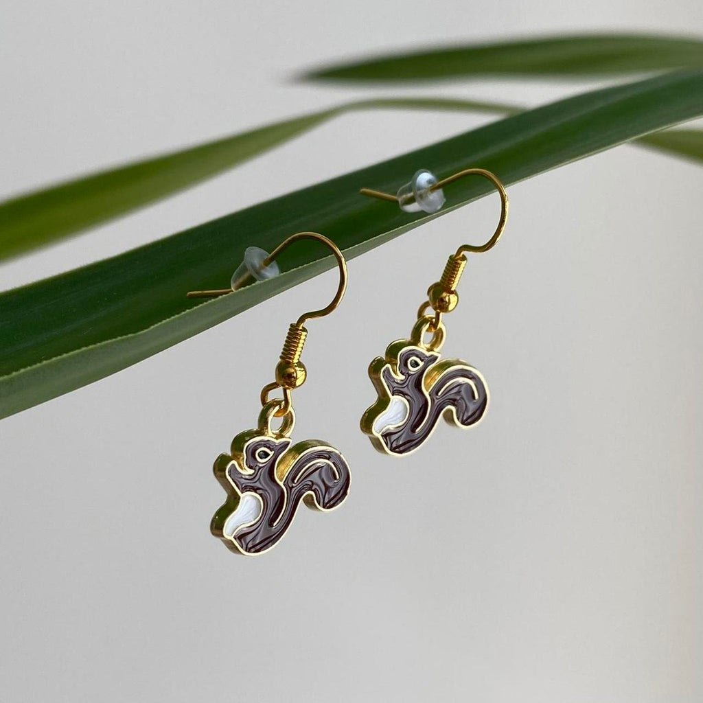 Dark Brown Squirrel Enamel Dangle Earrings With Gold - Image 4