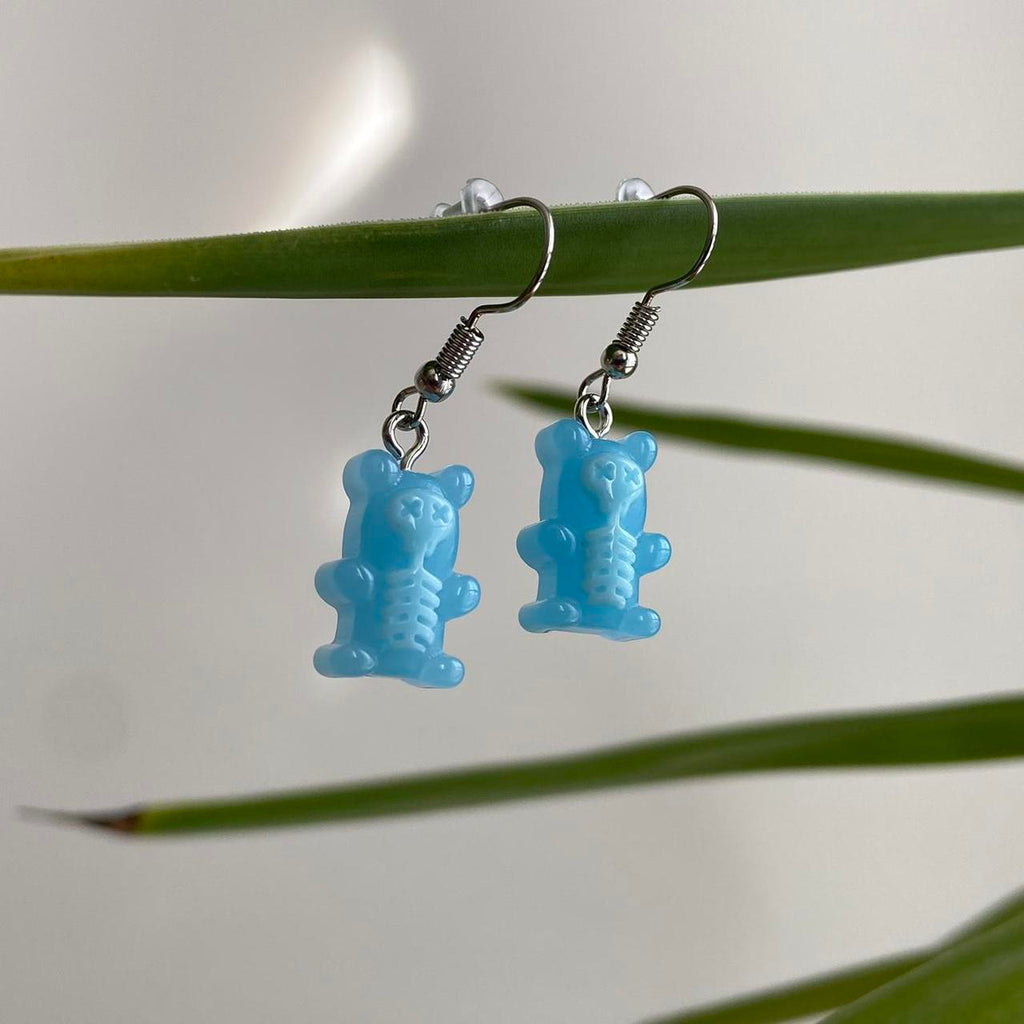 Blue Skeletal Gummy Bear Dangle Earrings Hand Made - Image 2
