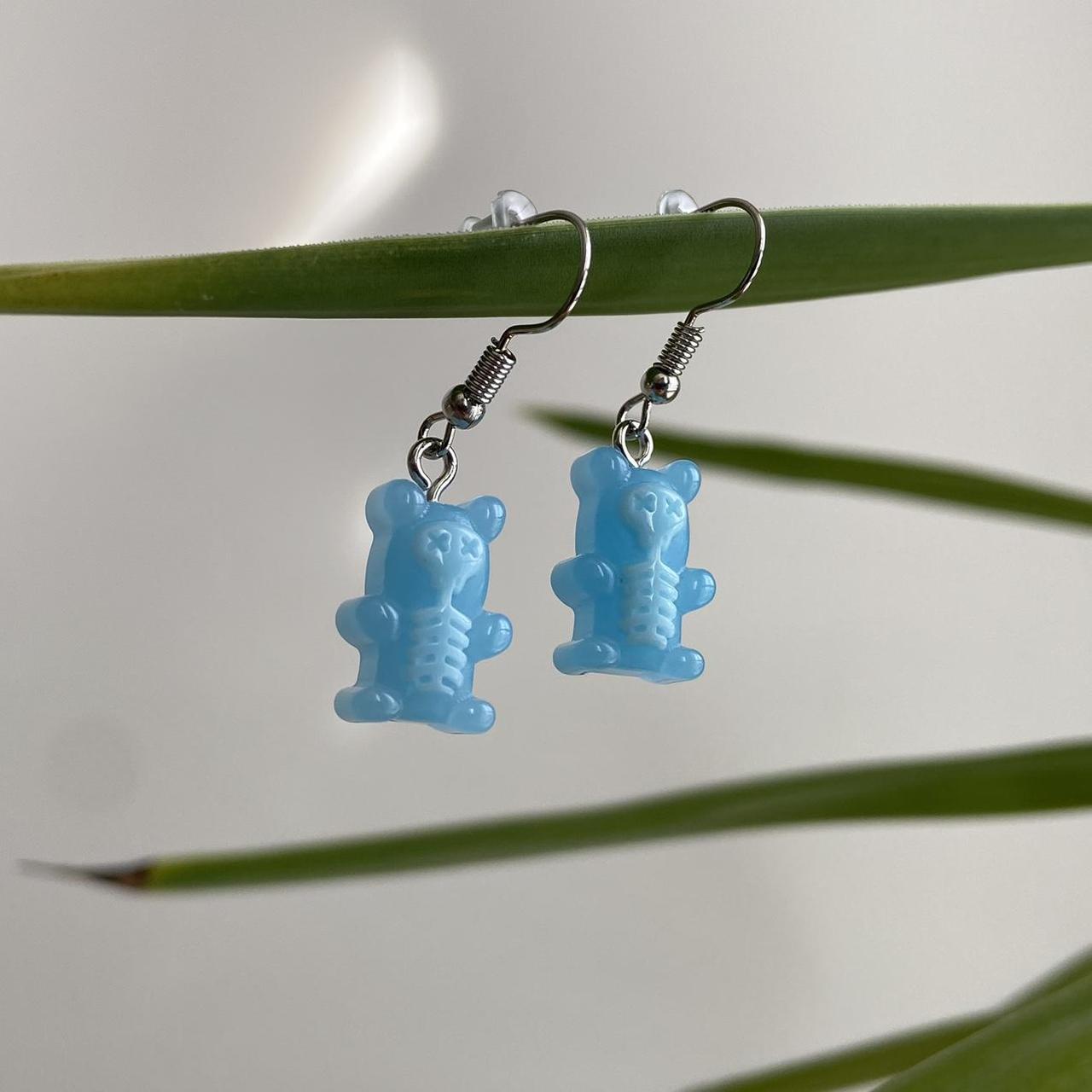 Blue Skeletal Gummy Bear Dangle Earrings Hand Made - Image 2