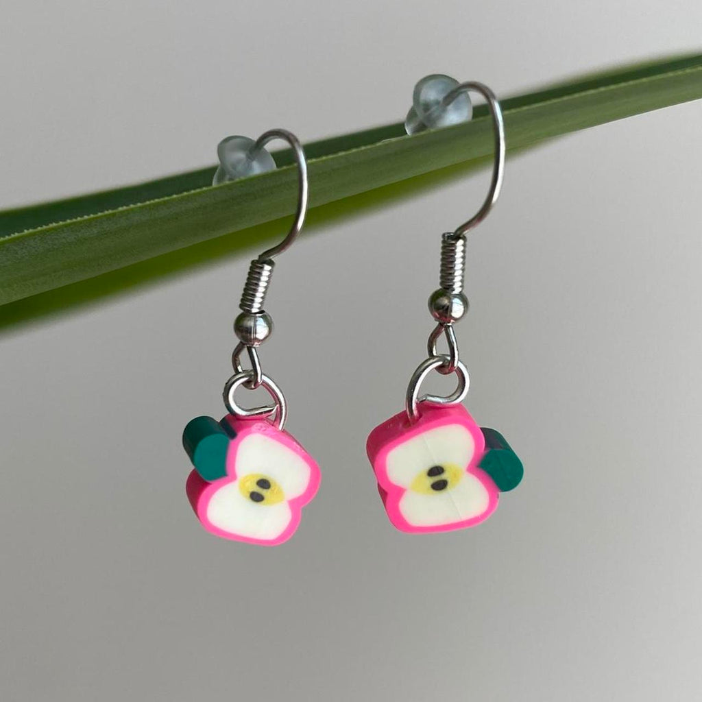 Pink Sliced Apple Fruit Polymer Clay Dangle Earrings