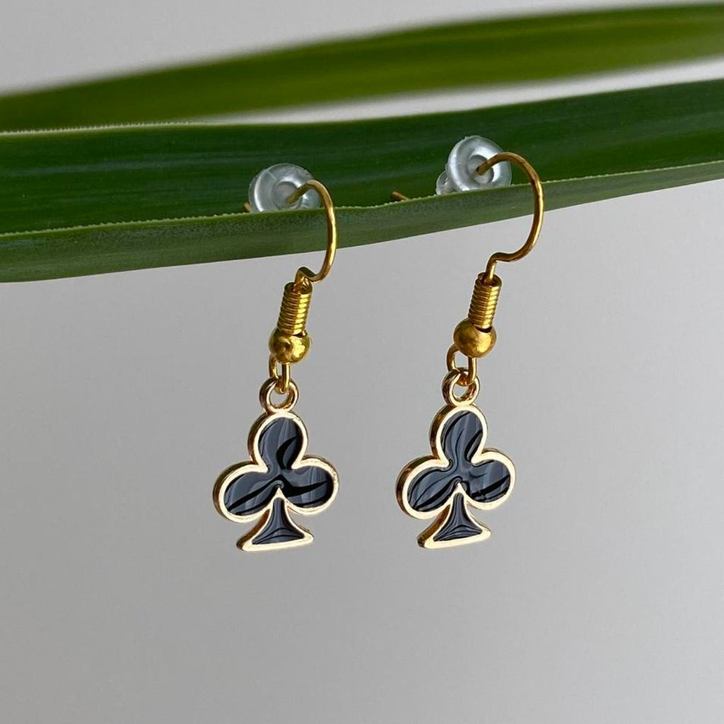 Black Clubs Symbol Dangle Earrings With Gold - Image 2