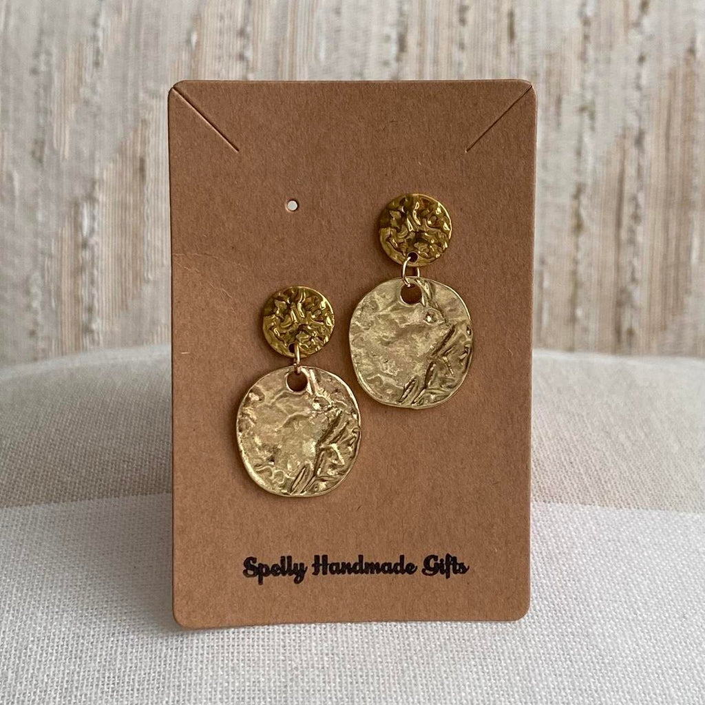 Large Hammered Circle Gold Dangle Stud Earrings - Image 3