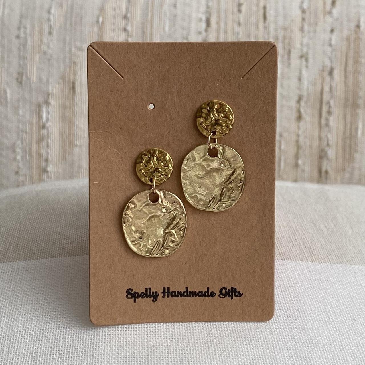 Large Hammered Circle Gold Dangle Stud Earrings - Image 3