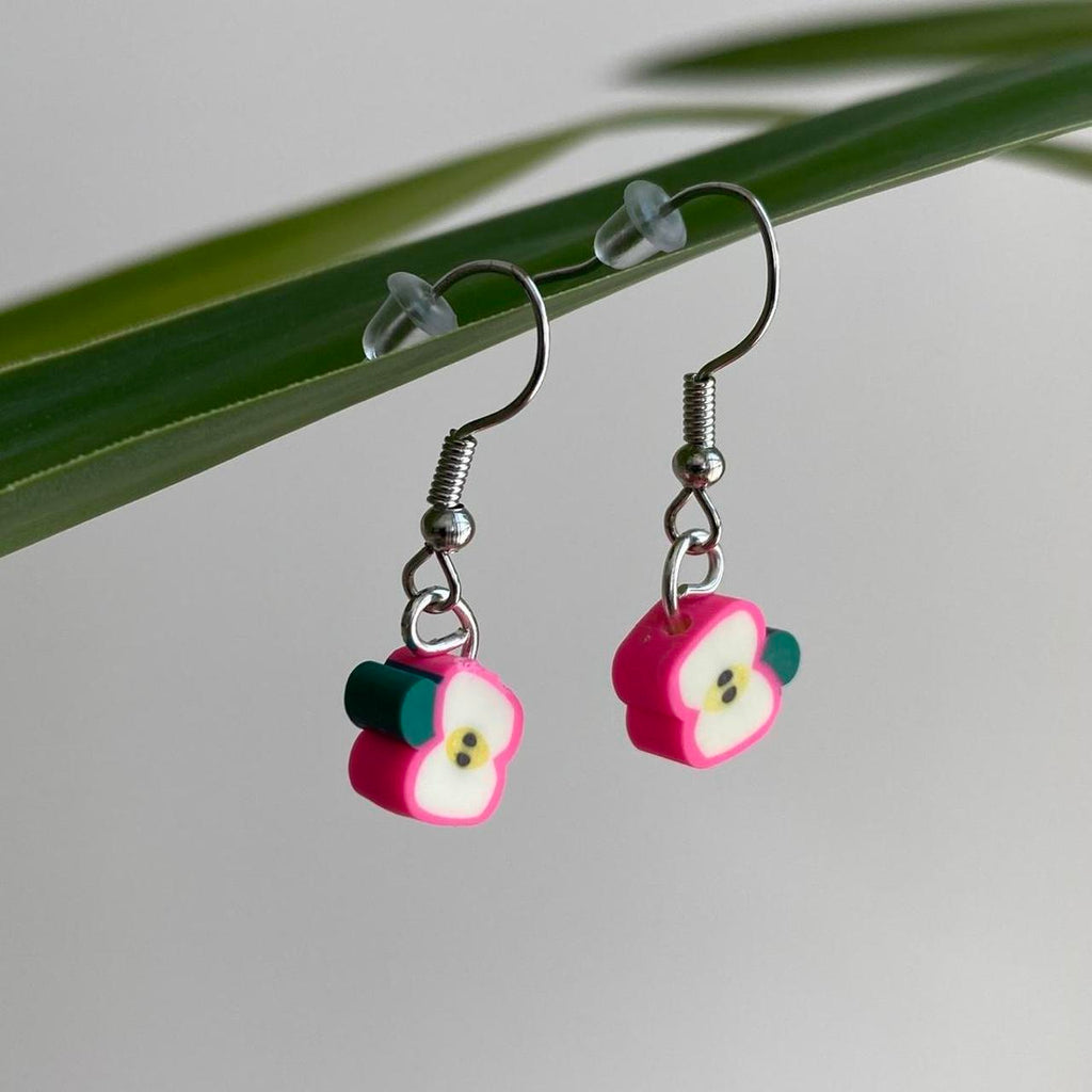 Pink Sliced Apple Fruit Polymer Clay Dangle Earrings - Image 2