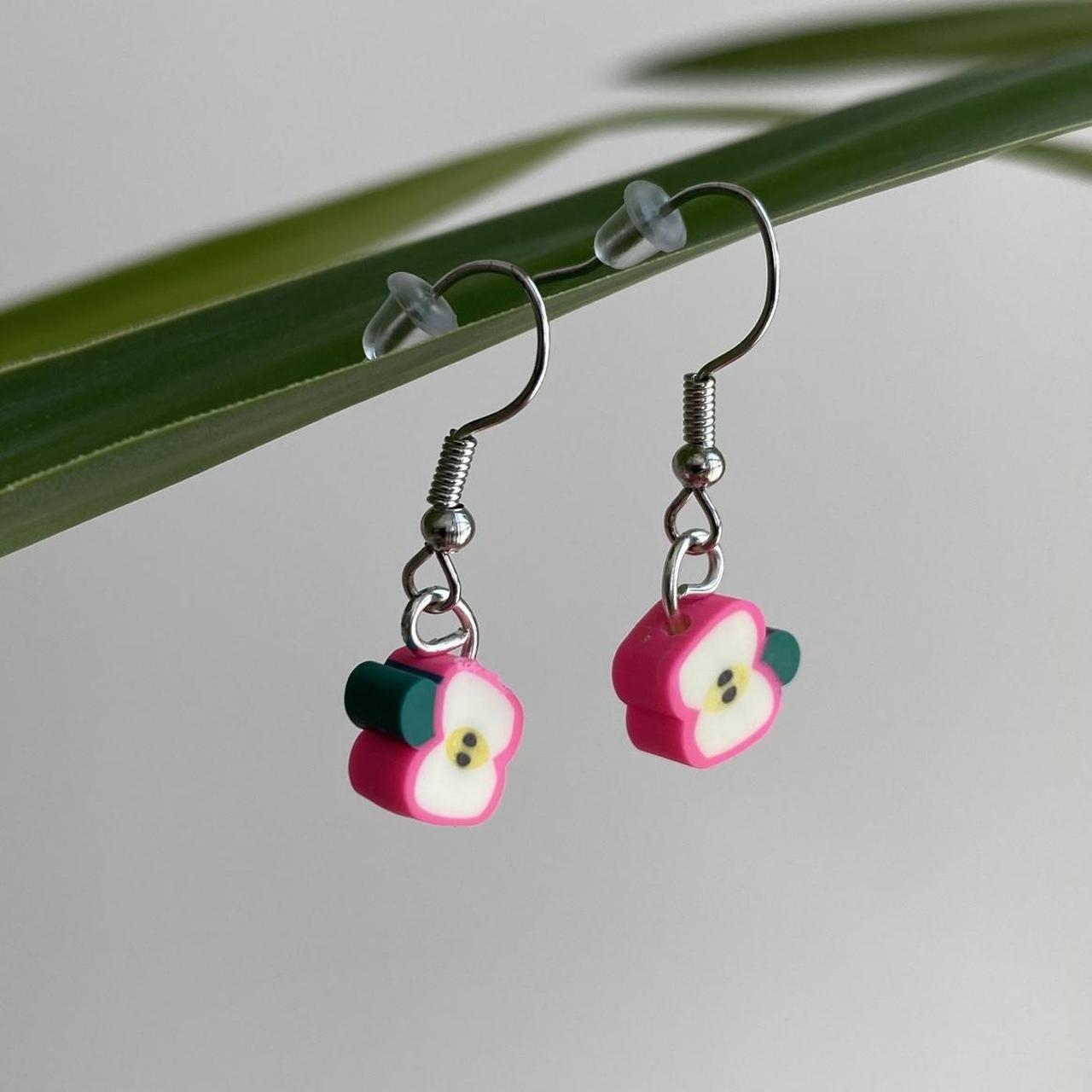 Pink Sliced Apple Fruit Polymer Clay Dangle Earrings - Image 2