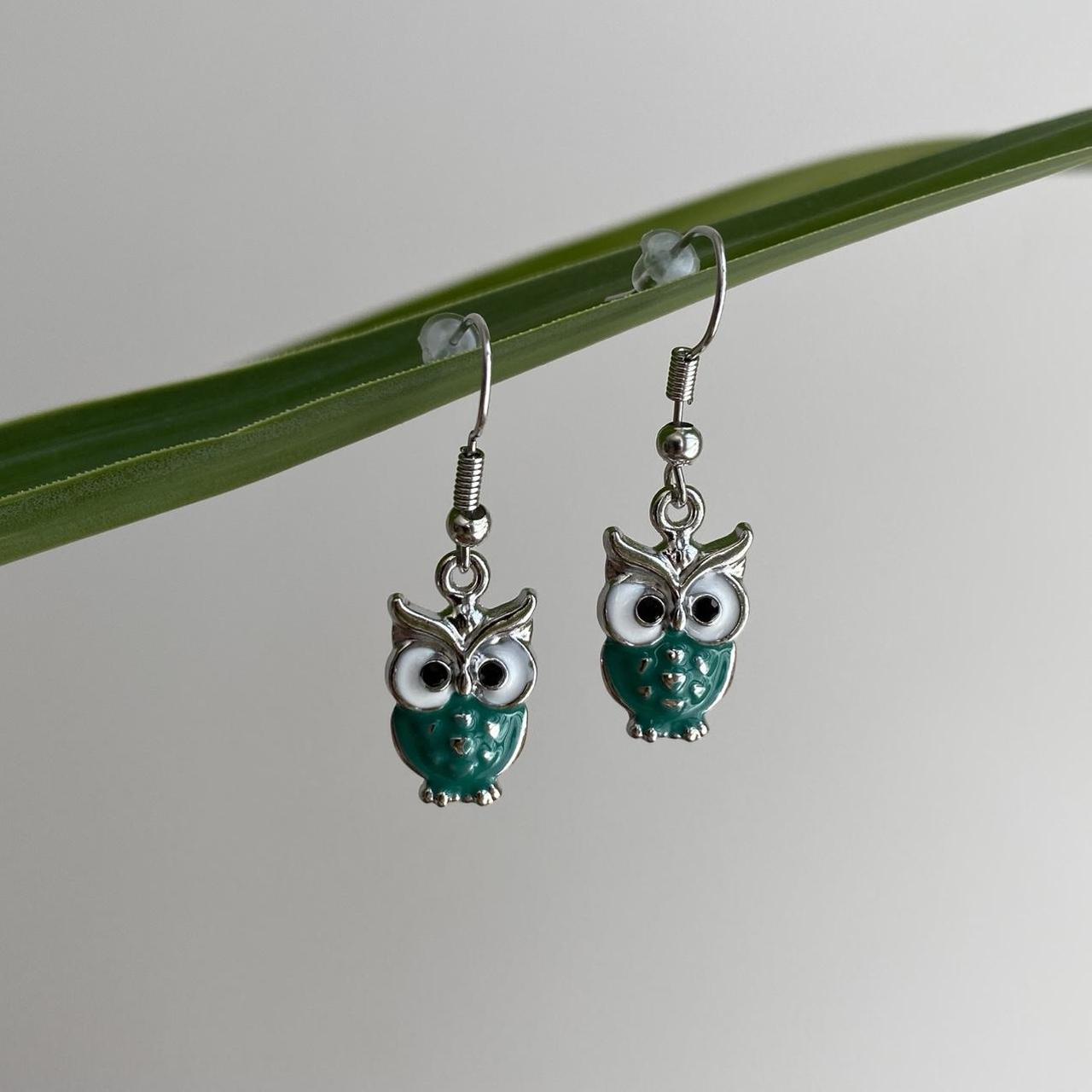 Blue Turquoise Owl Dangle Earrings With Silver - Image 4