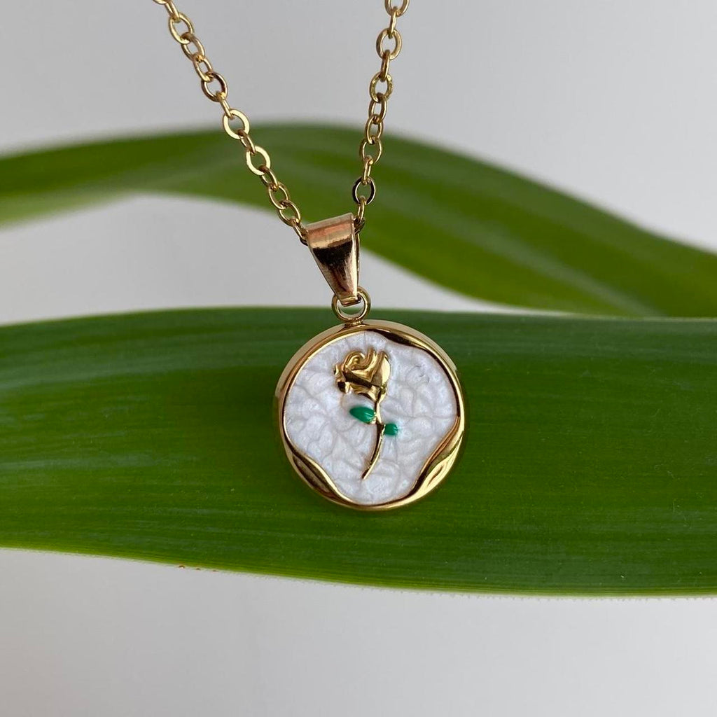 White Enamel Rose In Circle Pendant Chain Necklace - Image 5