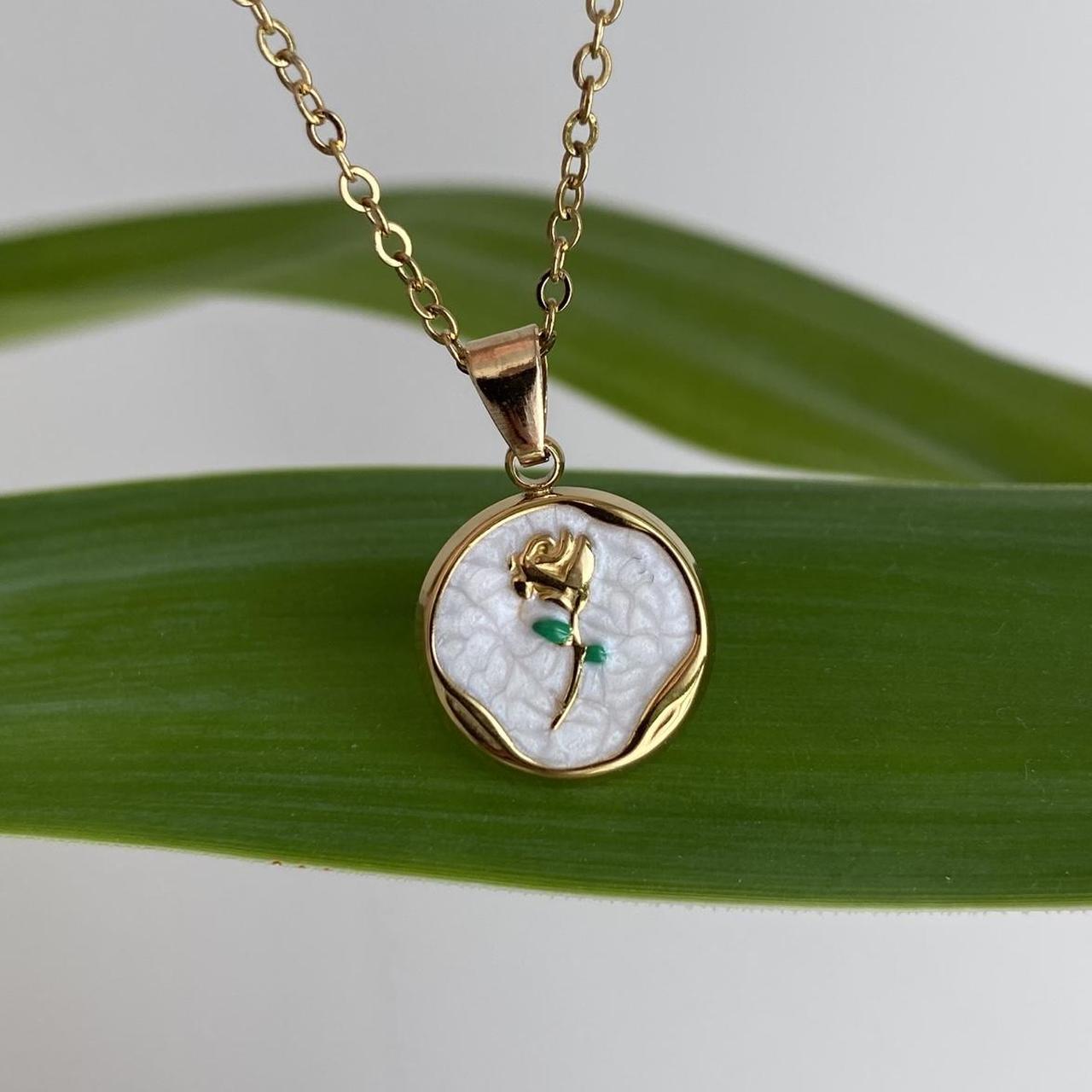White Enamel Rose In Circle Pendant Chain Necklace - Image 5