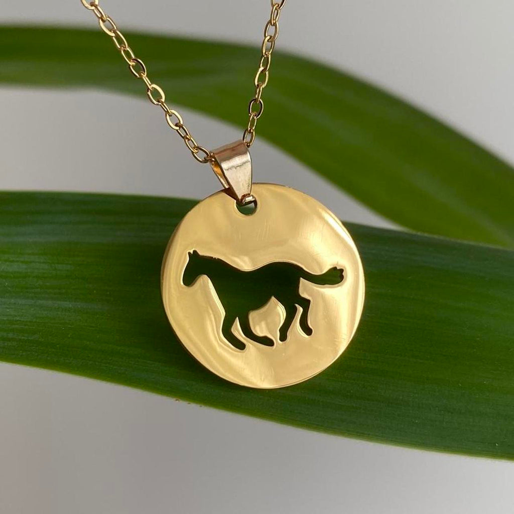 Gold Circle Cutout Horse Pendant Chain Necklace