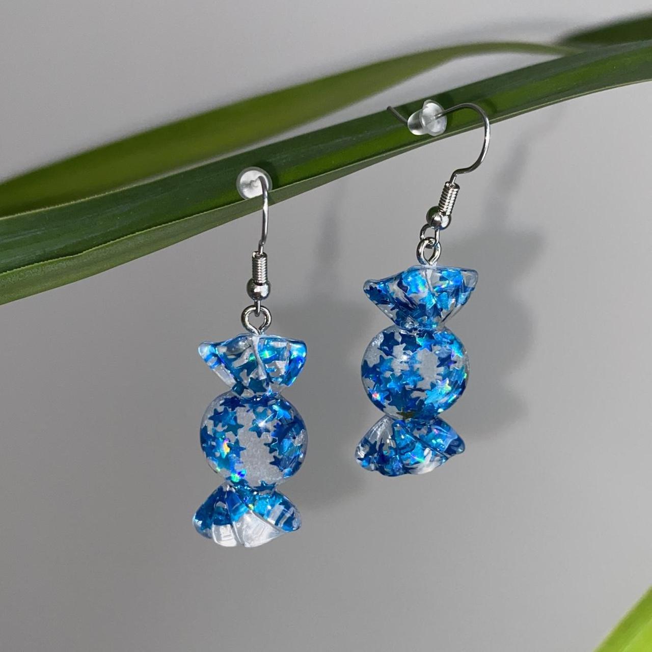 Sparkly Resin Blue Candy Dangle Earrings With Silver - Image 2