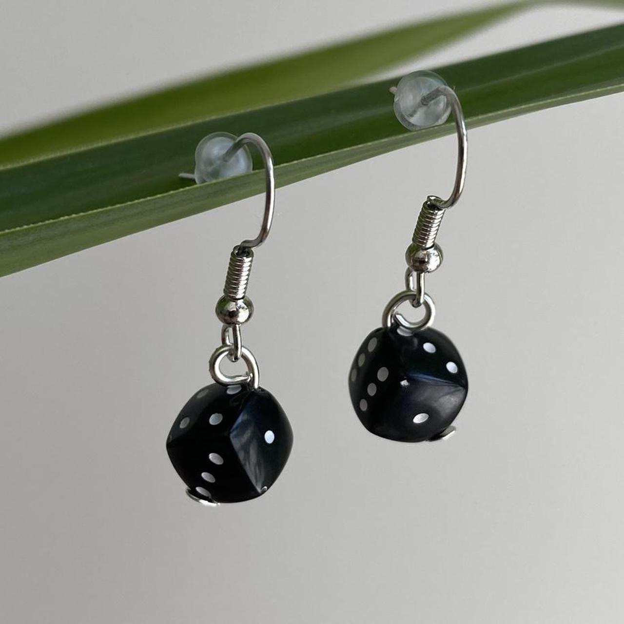 Black Game Dice Dangle Earrings With Silver Accents