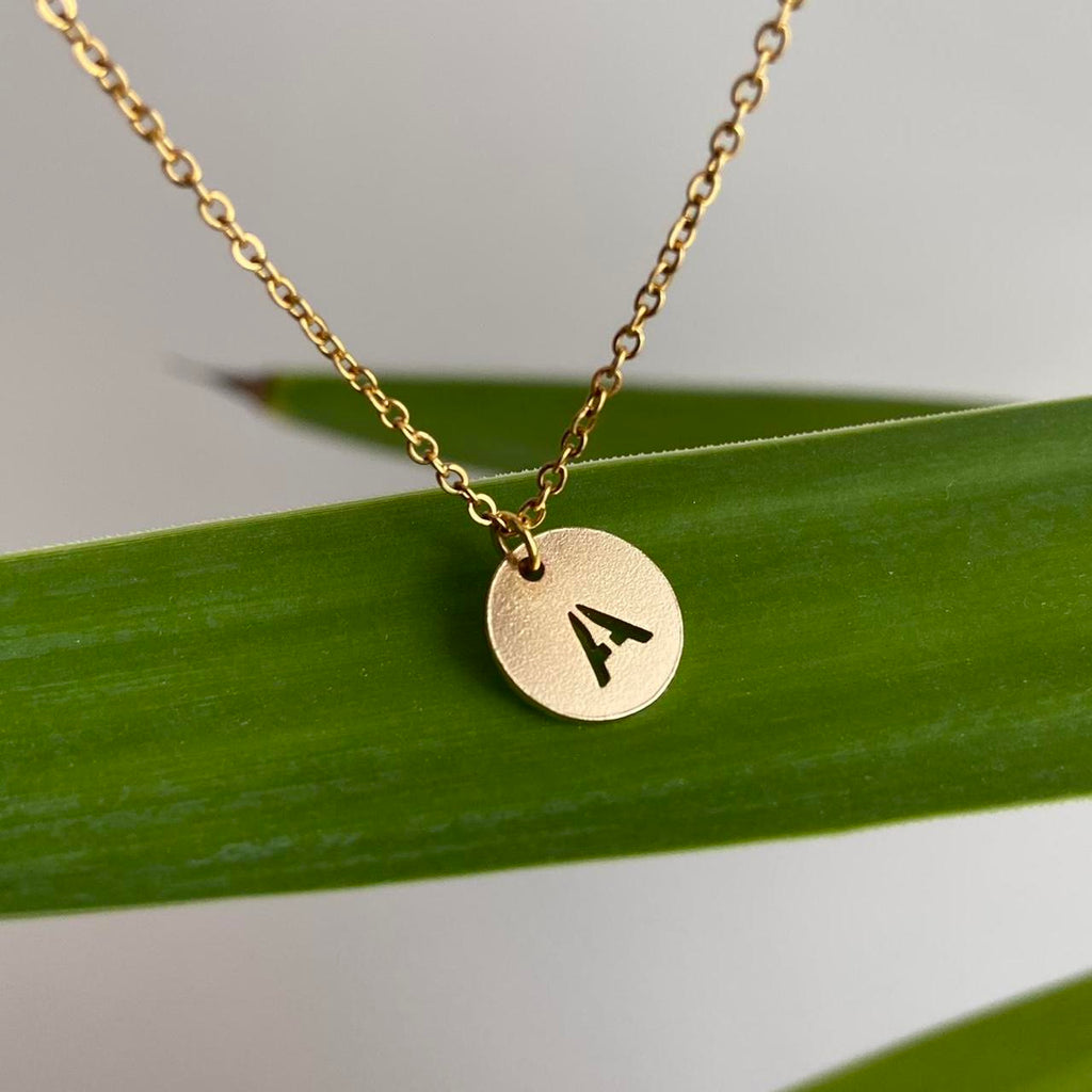 Circle Stamped Gold Letter A Initial Pendant Chain