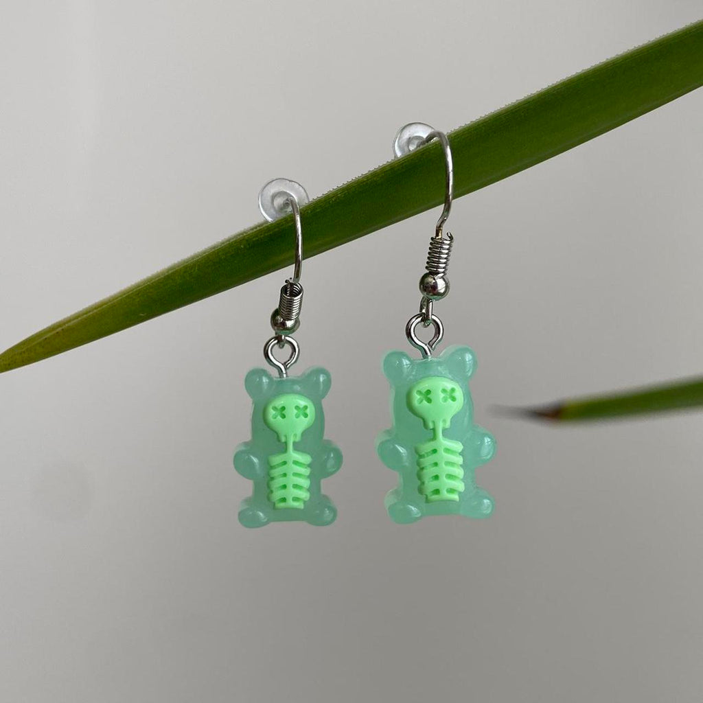 Green Skeletal Gummy Bear Dangle Earrings Hand - Image 4