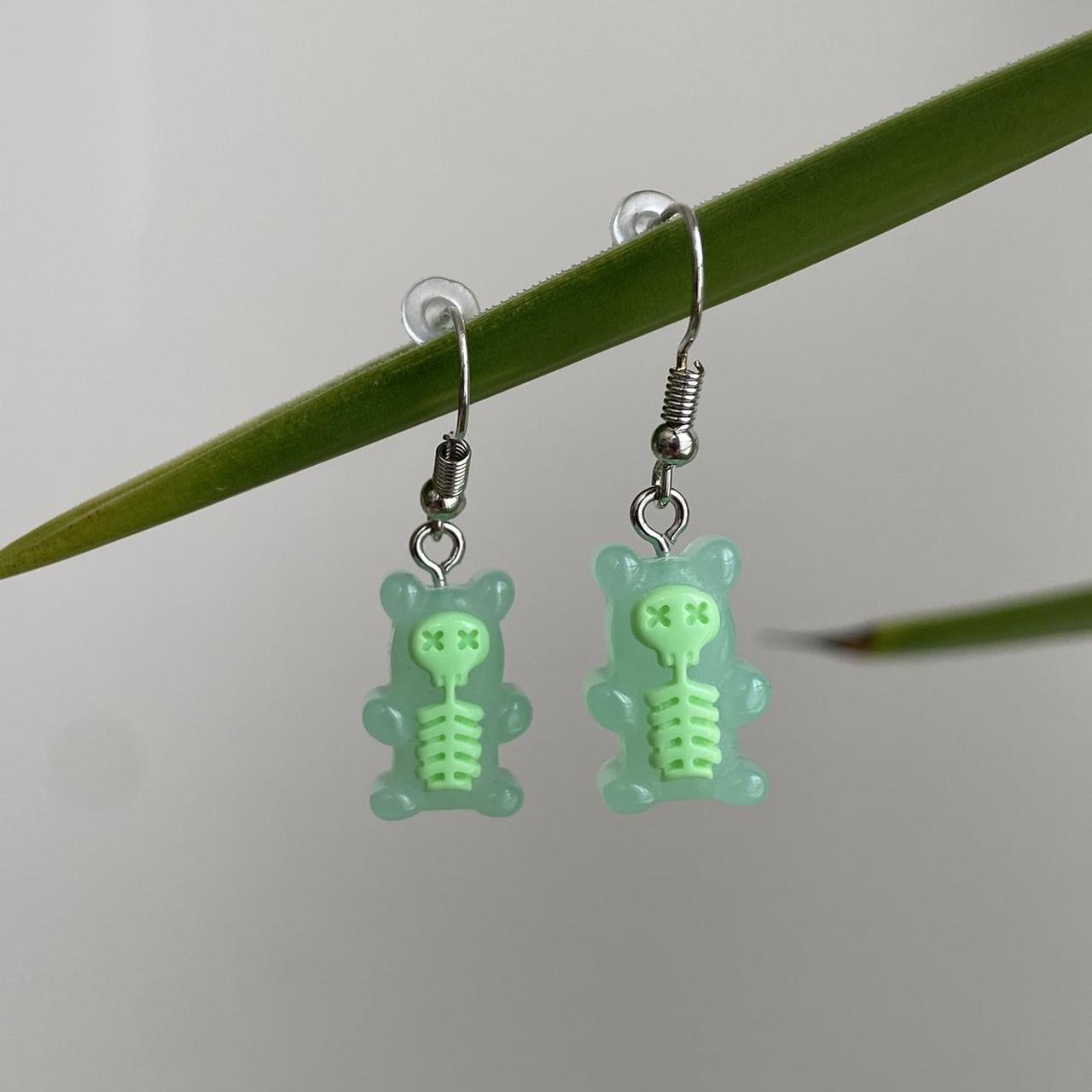Green Skeletal Gummy Bear Dangle Earrings Hand - Image 4
